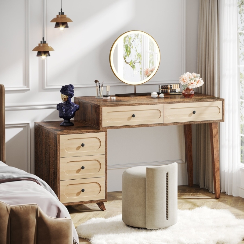 Makeup Vanity Chic Asymmetric Pedestal Gold Legs Five Drawer Storage