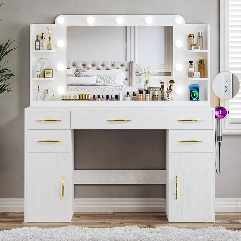 Makeup Vanity Contemporary Glass Top Hollywood Mirror Side Cabinets