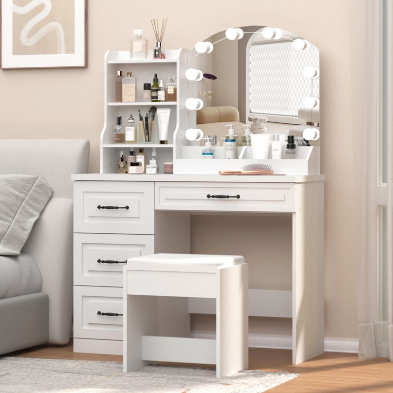 Makeup Vanity Contemporary Illuminated Mirror Sleek Handles Power Outlet