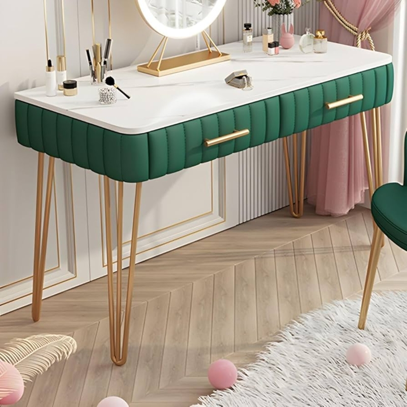 Makeup Vanity Dark Green Two Drawers Gold Iron Legs Glam Desk