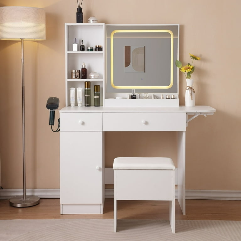 Makeup Vanity Desk with Hair Dryer Holder, Integrated Power Strip