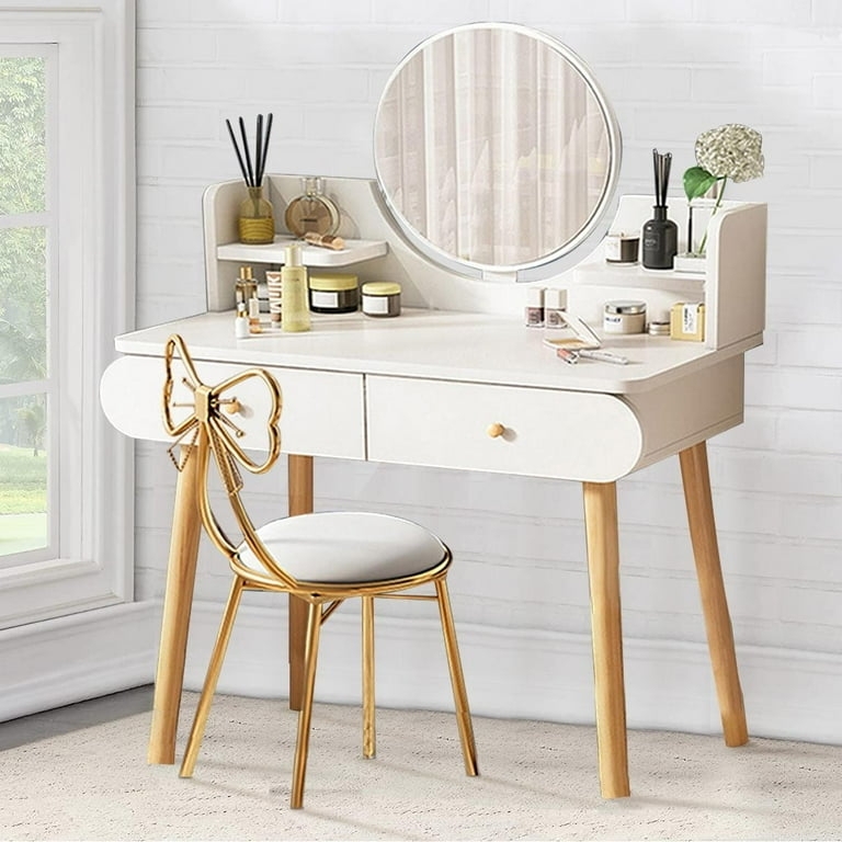 Makeup Vanity Desk with Tiered Shelving Unit and Gold Hardware