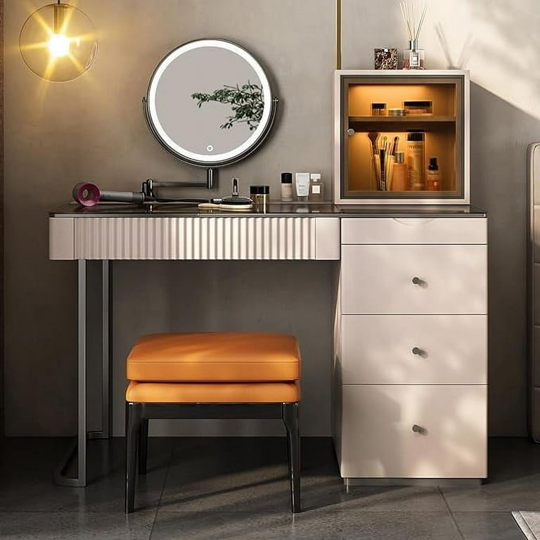 Makeup Vanity: Fluted Surface, Stone-Like Top, LED Mirror. Luxury Set.