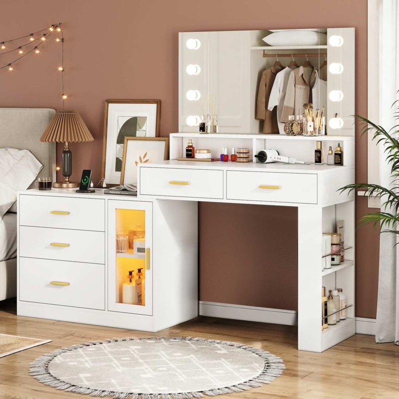 Makeup Vanity Glam White Gold Hollywood Mirror Open Lower Shelf