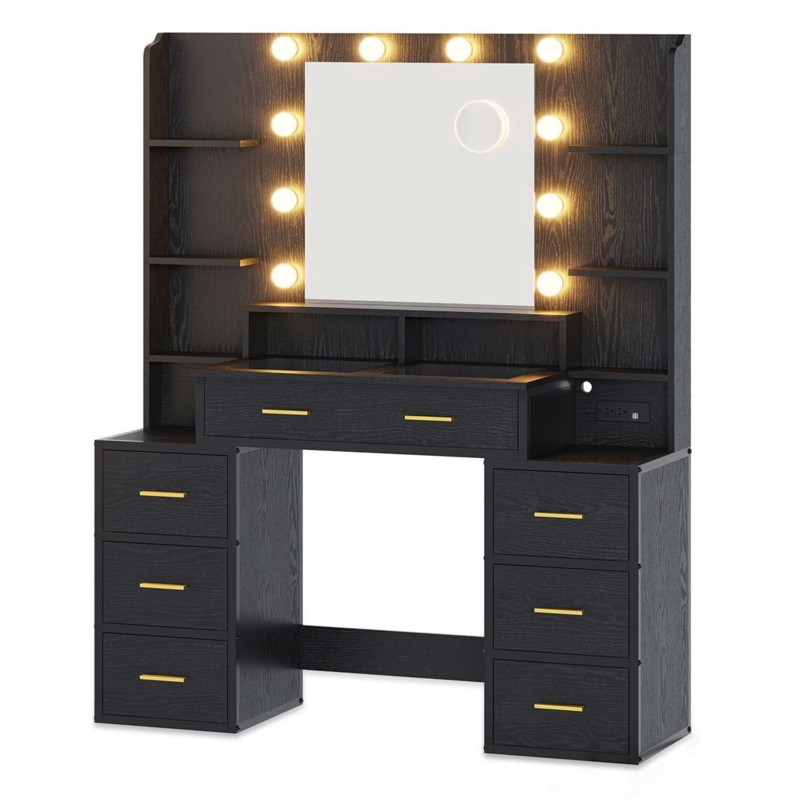 Makeup Vanity Glass Top Panels, Integrated Power Outlet, Nine Drawers