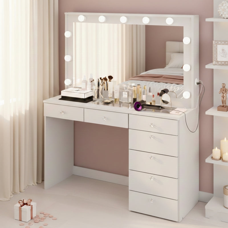 Makeup Vanity Hollywood Mirror Glass Top Storage Drawers