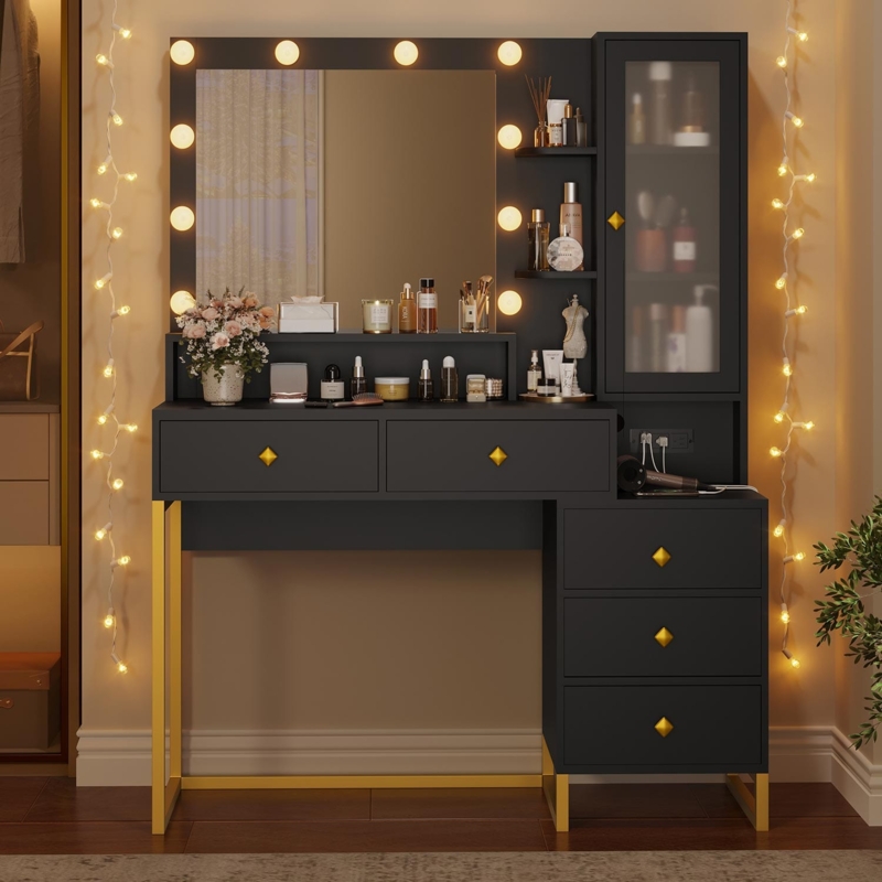 Makeup Vanity in Black with Circular LED Mirror and Gold Accents