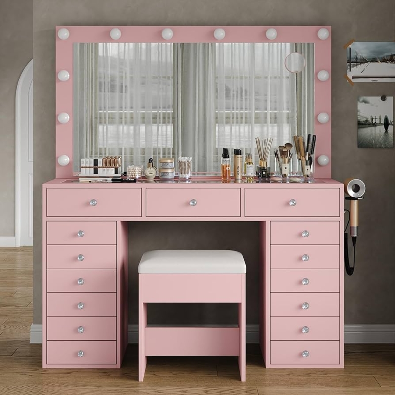 Makeup Vanity in Pink Finish, Hollywood Mirror & Pink Makeup Vanity with Storage