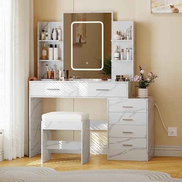 Makeup Vanity Minimalist Open Shelving Six Drawers Lighted Mirror