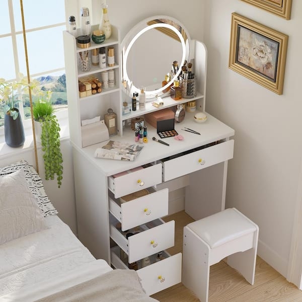 Makeup Vanity Modern Round LED Mirror Gold Pulls Asymmetric Shelving