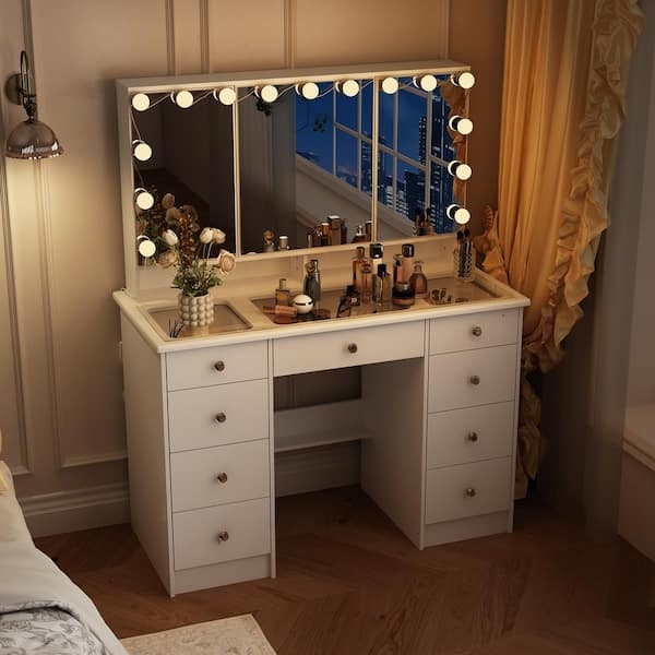 Makeup Vanity Nine Drawers Tri-Fold Mirror Glass Top