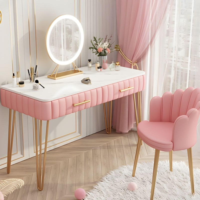 Makeup Vanity Pink Ribbed Drawer Fronts Gold Metallic Legs