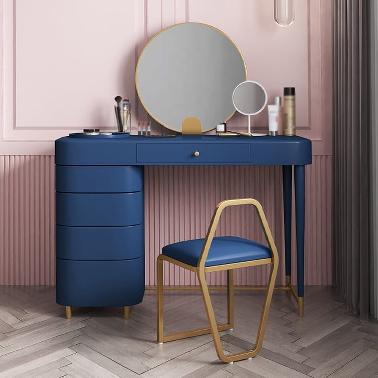 Makeup Vanity Set: Blue Finish, Gold Tapered Legs. Contemporary Style.