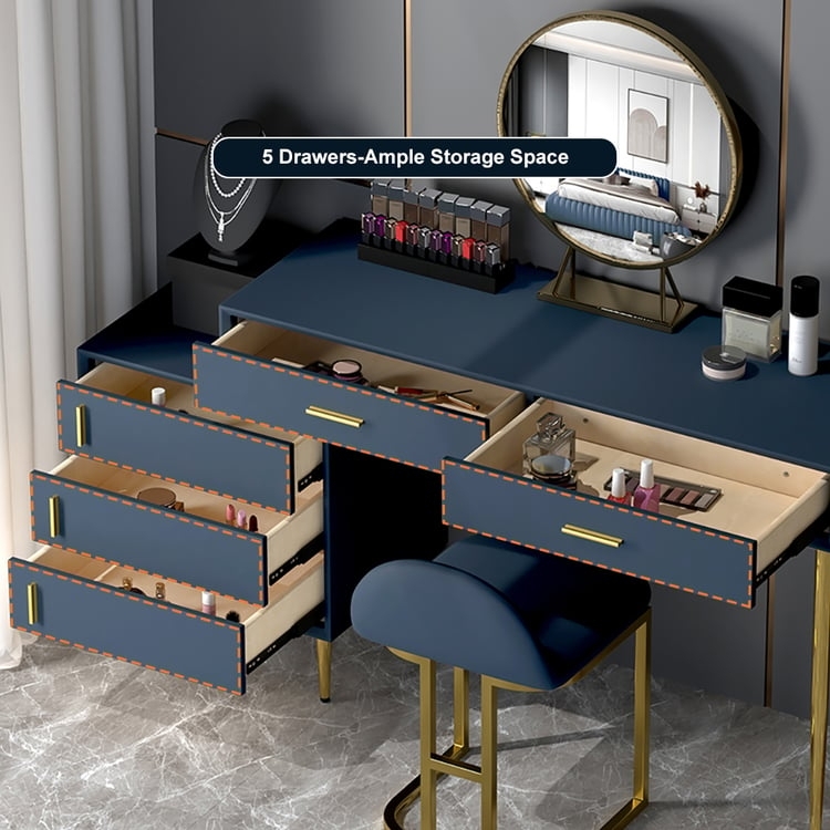 Makeup Vanity Set Contemporary Navy Blue Fluted Fronts Gold Accents