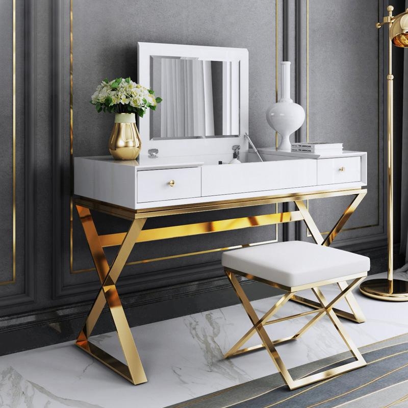 Makeup Vanity Set: Gold X-Base Frame, Two Drawers, LED Circular Mirror.