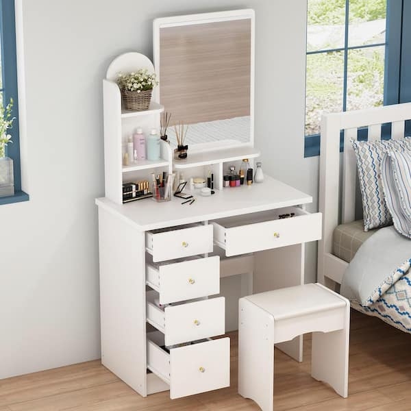 Makeup Vanity Set Modern Glam White Gold Hardware Five Drawers