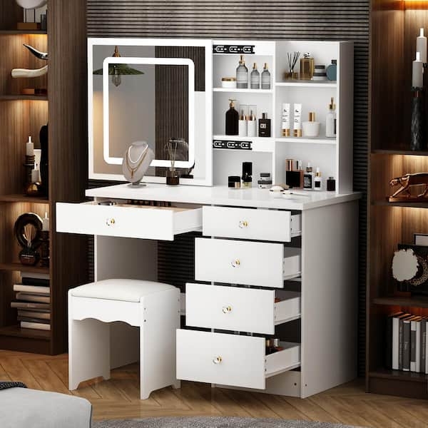 Makeup Vanity Set Push-Pull Mirror LED Bulbs Five Drawers
