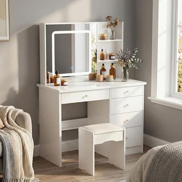 Makeup Vanity Set White Modern Side Storage Tower LED Mirror