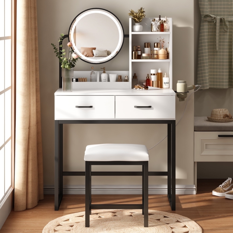 Makeup Vanity Set with Hair Dryer Rack, Black and White Contrast