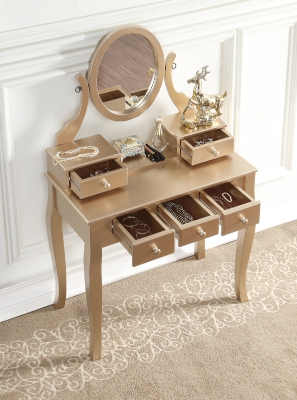 Makeup Vanity Set with Tri-Fold Oval Mirror and Tufted Stool Gold