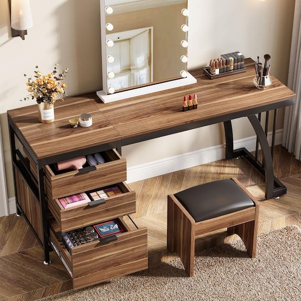 Makeup Vanity Walnut Finish White Frame with Gold Pulls