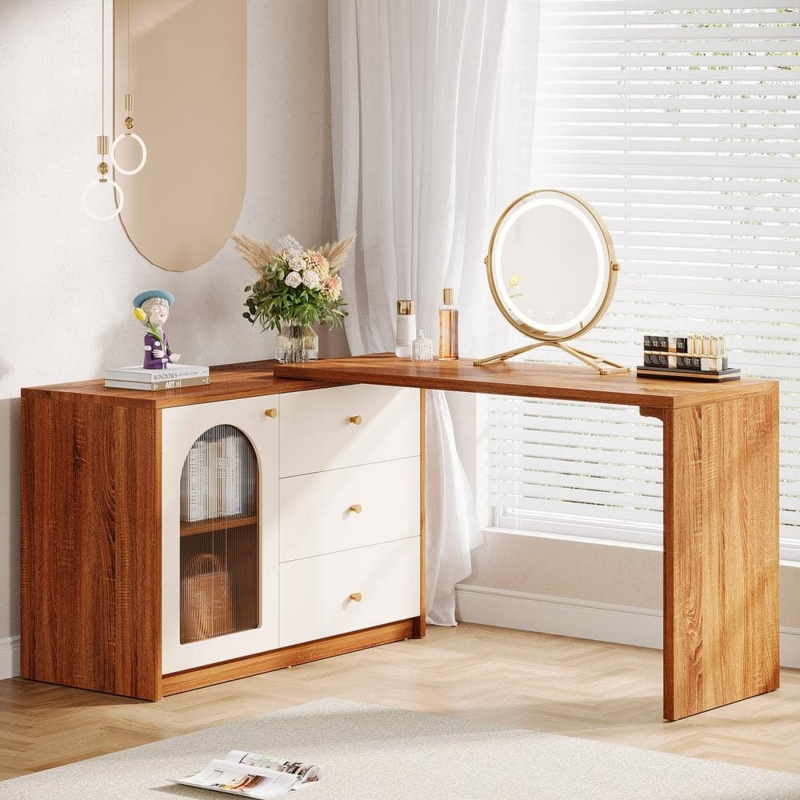 Makeup Vanity Walnut L-Shaped Retractable Design Backlit Mirror