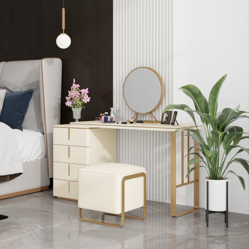 Makeup Vanity: White Stone-Like Top, Gold Frame, Side Cabinet Storage.