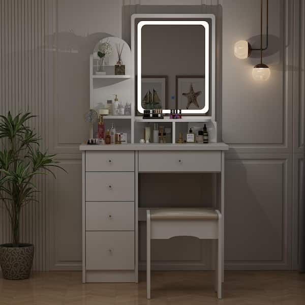 Makeup Vanity with Asymmetrical Storage, LED Mirror & LED Vanity with Multiple Drawers