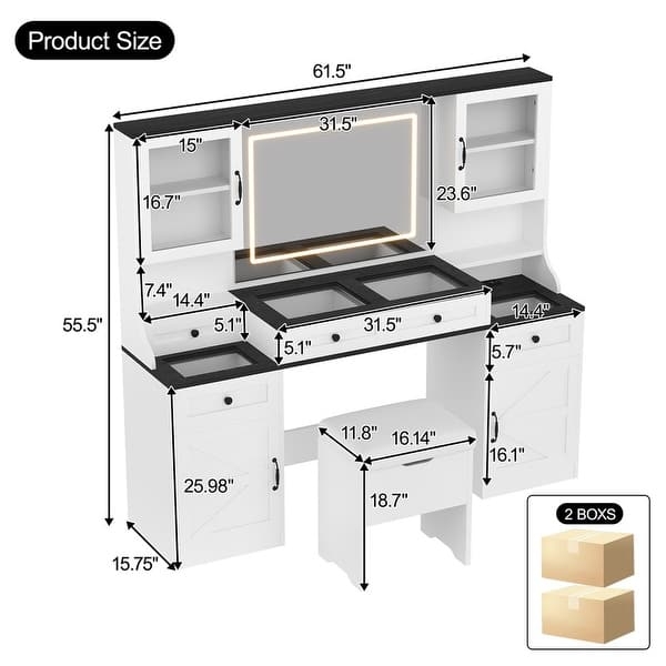 Makeup Vanity with Charging Station, Glass Top & Vanity Desk with Charging Station