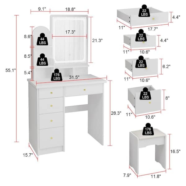 Makeup Vanity with Circular LED Mirror, Tiered Side Shelving & Circular Mirror Dressing Table