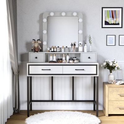 Makeup Vanity with Compact Industrial Design, Hair Tool Storage & Industrial Makeup Vanity with Lights