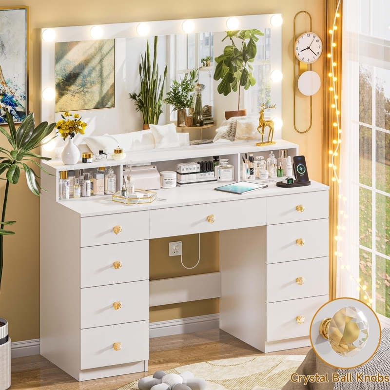 Makeup Vanity with Crystal Pulls, 9 Drawers, Hollywood Mirror Table
