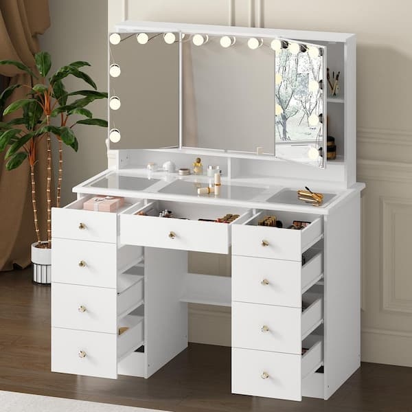 Makeup Vanity with Glass Top, 9 Drawers, White Hollywood Glam Desk