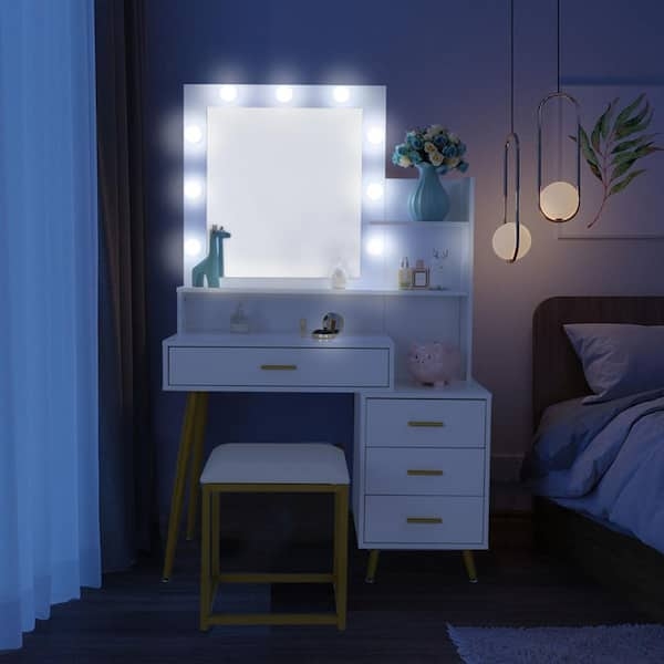 Makeup Vanity with Hollywood Lighted Mirror, Side Tiered Shelving & Hollywood Mirror Vanity Storage Solution