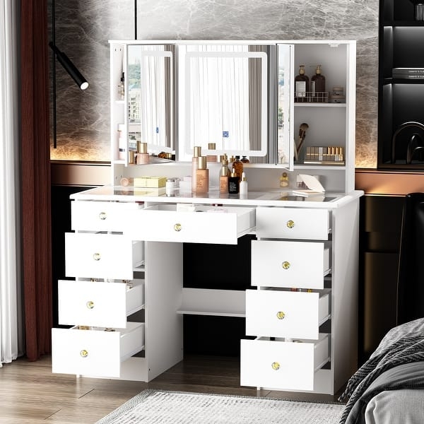 Makeup Vanity with Hollywood Mirror, Nine Drawers and Side Shelving