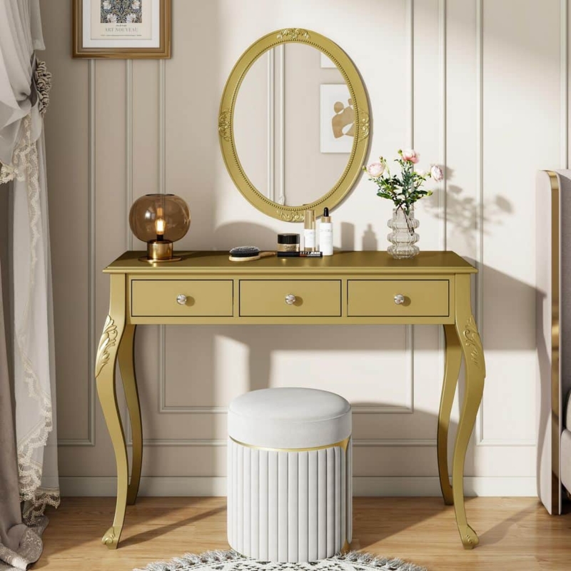 Makeup Vanity with Illuminated Oval Mirror and Ribbed Drawers White