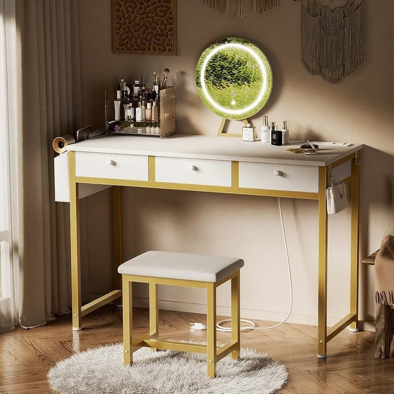 Makeup Vanity with Integrated Power Outlet and Hollywood Mirror White
