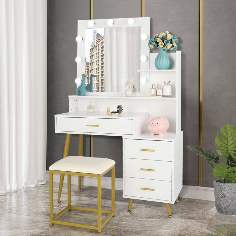 Makeup Vanity with Integrated Shelving, Hollywood Style Mirror & Vanity with Storage Shelves
