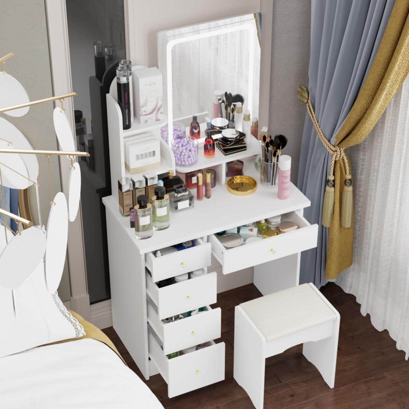 Makeup Vanity with LED Light Mirror, 5 Drawers and Open Shelving