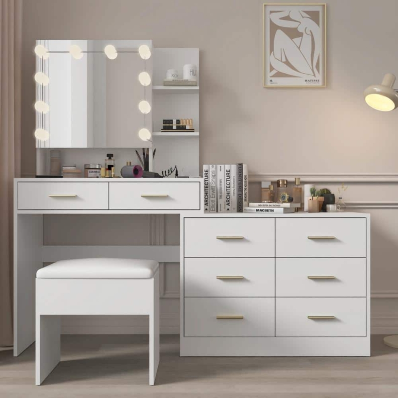 Makeup Vanity with Marble Pattern Top, Gold Legs & Marble Top Dressing Table Storage