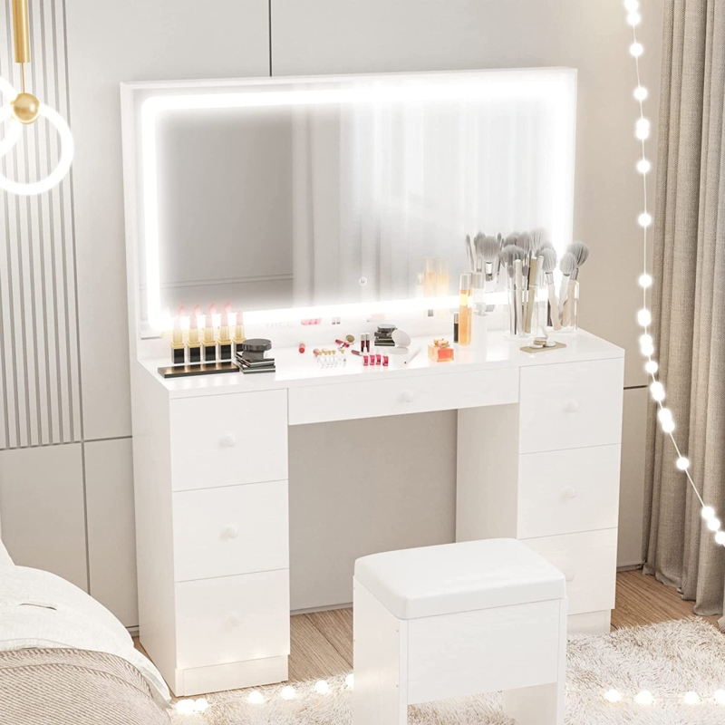 Makeup Vanity with Power Strip, Seven Drawers and Hollywood Lighting