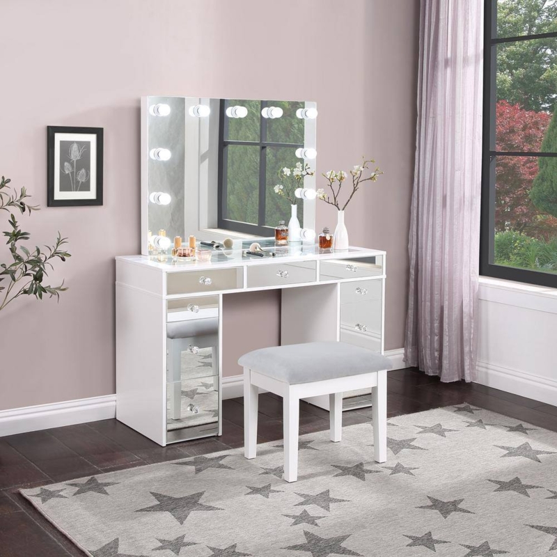 Makeup Vanity with Ribbed Drawers, Hollywood Lighting & White and Gray Bedroom Vanity