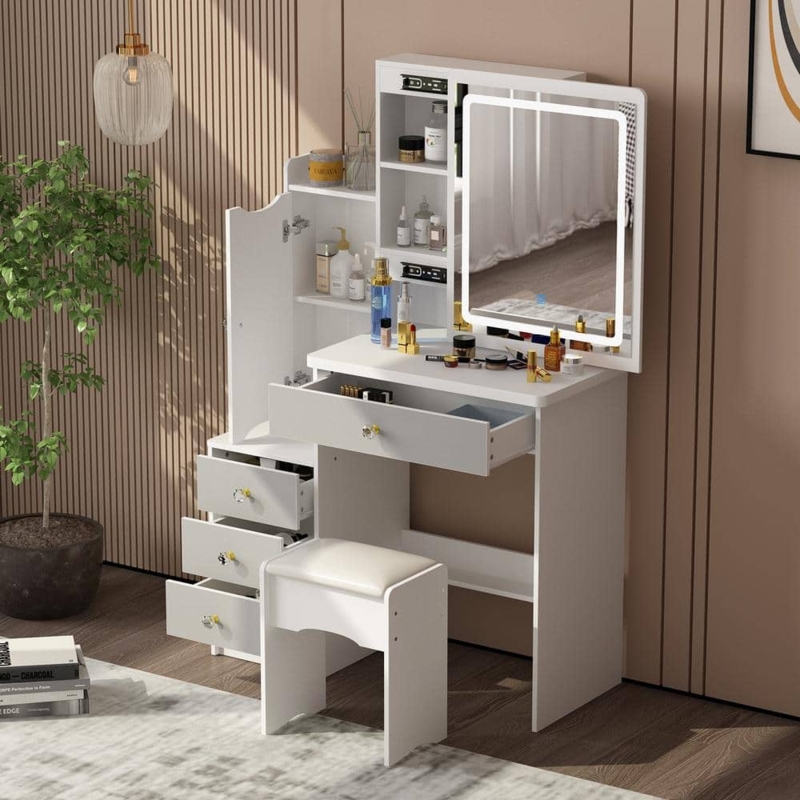 Makeup Vanity with Sliding Mirror Storage, Two-Tone White & Grey Set