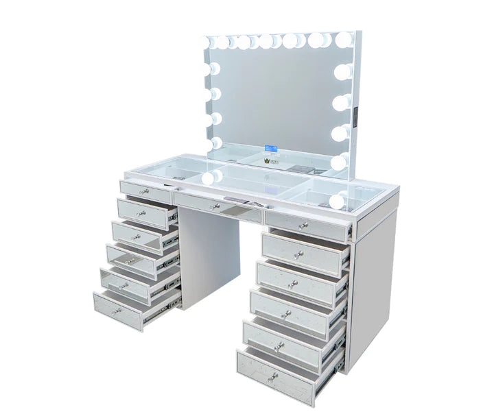 Makeup Vanity with Thirteen Drawers, Glass Tabletop and Crystal Knobs