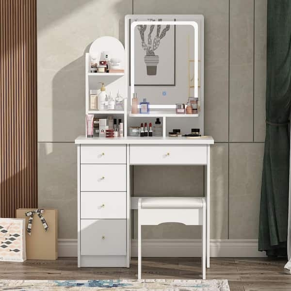 Makeup Vanity with Three-Tier Shelving, Integrated LED Mirror & Small Space Vanity with Shelves