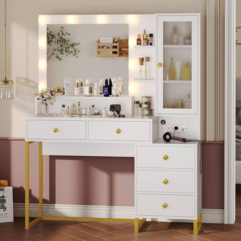 Makeup Vanity with Tiered Shelving and Hollywood Lighted Mirror