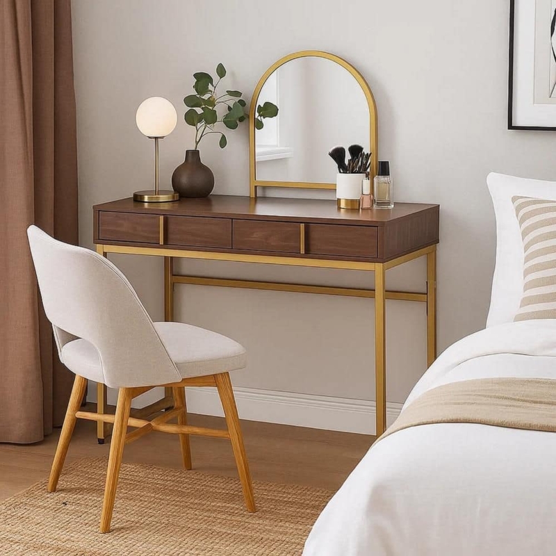 Makeup Vanity with Wood Grain Texture and Gold Open Sled Base