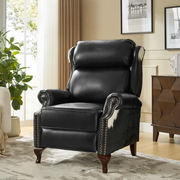 Manual Recliner Black Wingback with Nailhead Trim and Turned Legs