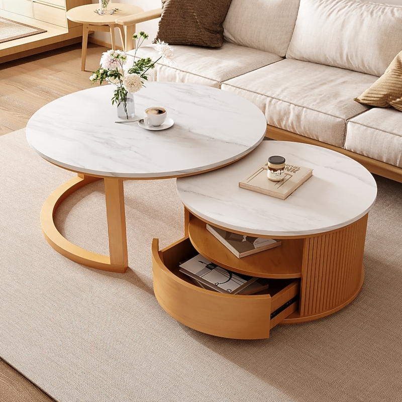 Marble and Wood Nesting Coffee Table Set with Ribbed Base Detail