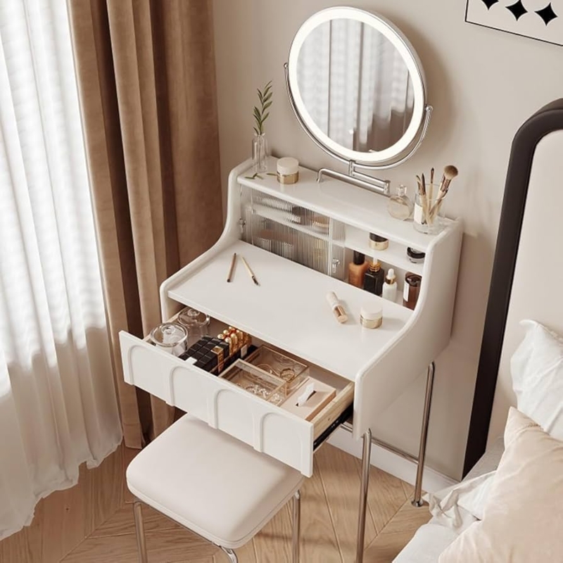 Marble Look Surface Vanity Set with Gold Frame and Round LED Mirror